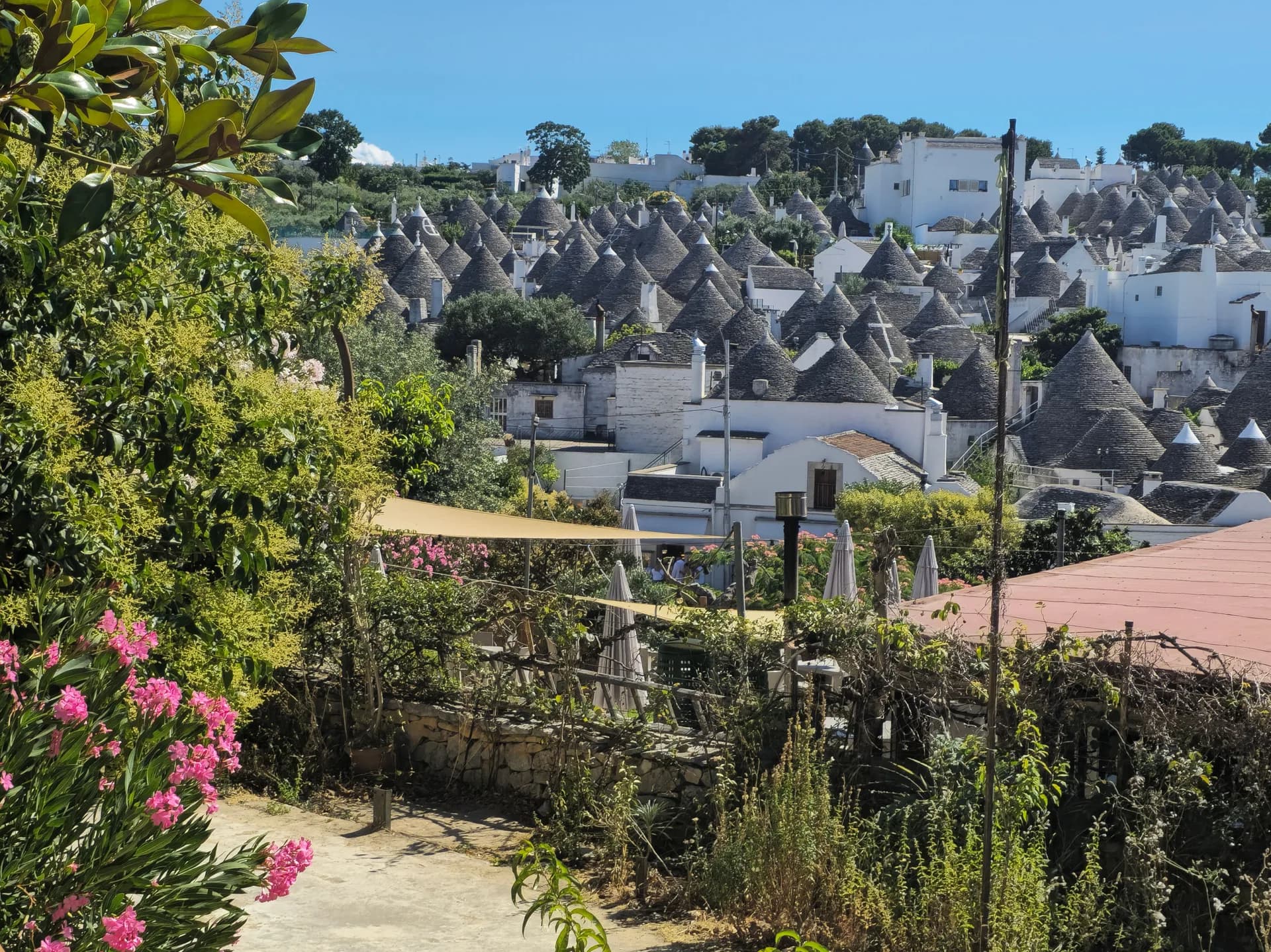 Primer slike BookNoFees: Bele trulli s kamnitimi stožčastimi strehami in vrtovi