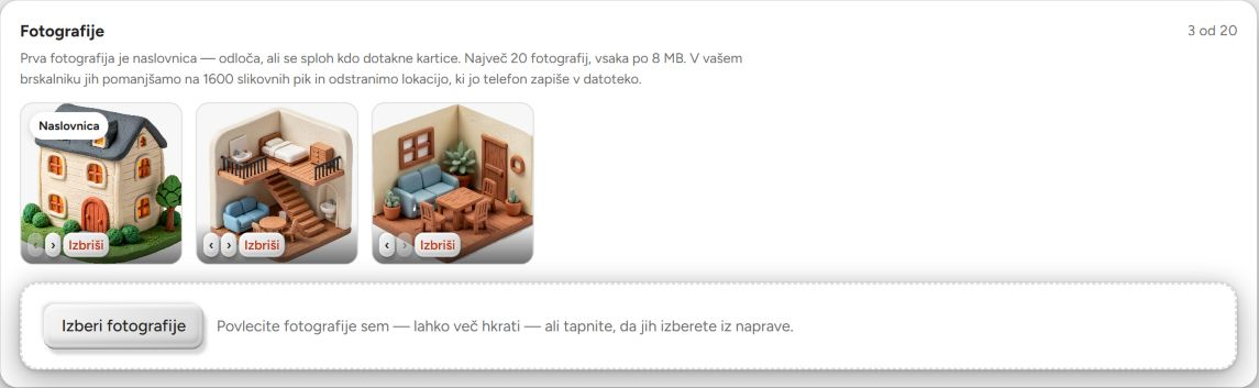 BookNoFees-Urejanje oglasa: dodajanje fotografij, spreminjanje njihovega vrstnega reda in izbira naslovne fotografije.