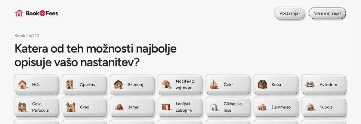 BookNoFees-Objava: V prvem koraku izberite vrsto namestitve.