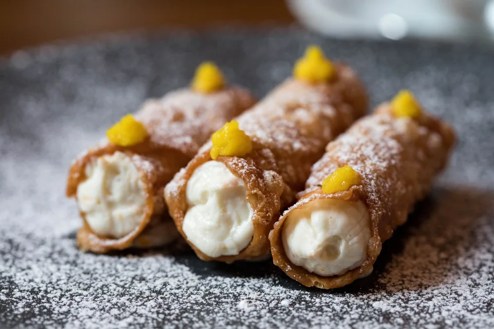BookNoFees: Primer fotografije: Cannoli s kremasto nadevom in posuti s sladkorjem v prahu